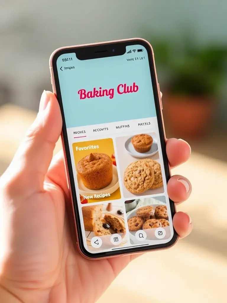 A close-up shot of a smartphone screen displaying the Stock Command Baking Club app's recipe browsing interface, showcasing high-quality images of various baked goods and easy-to-navigate categories.