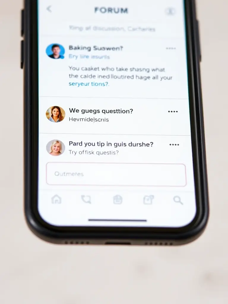 A smartphone displaying the Stock Command Baking Club app's forum section, showing active discussions, user profiles, and the ability to post questions and share baking experiences.
