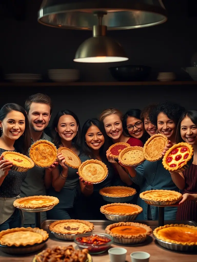 A group of participants smiling and holding up their freshly baked pies during a pie-making class, with a variety of fillings on display.