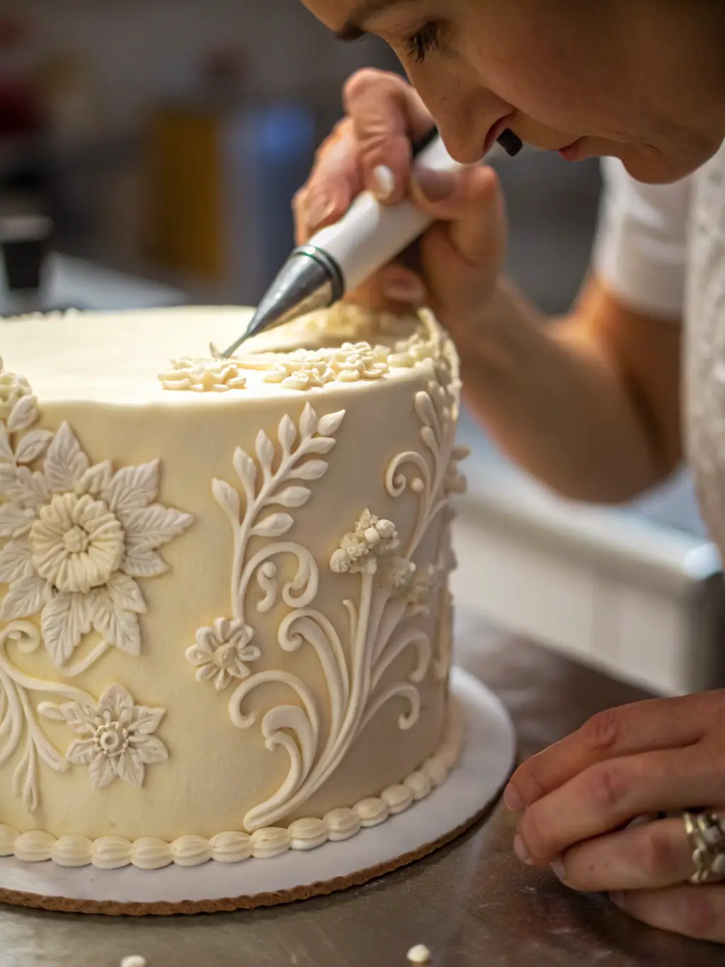 A photo of a beautifully decorated cake made during a cake decorating class, showcasing intricate piping and fondant work.
