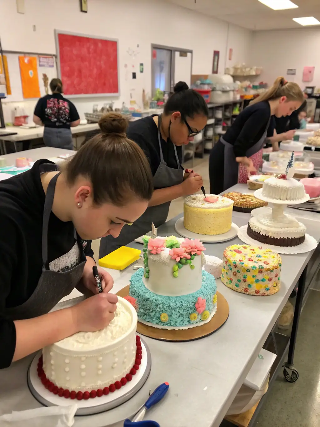 A brightly lit photo of a baking class in progress, showing participants decorating cupcakes with colorful frosting and sprinkles.